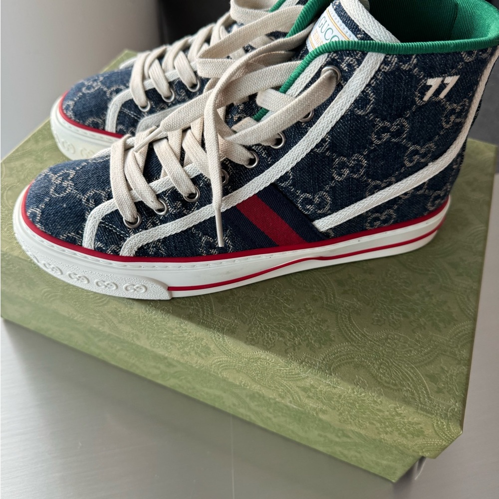 Gucci Tennis 1977 High Top. Denim GG Print. Size 36.5.